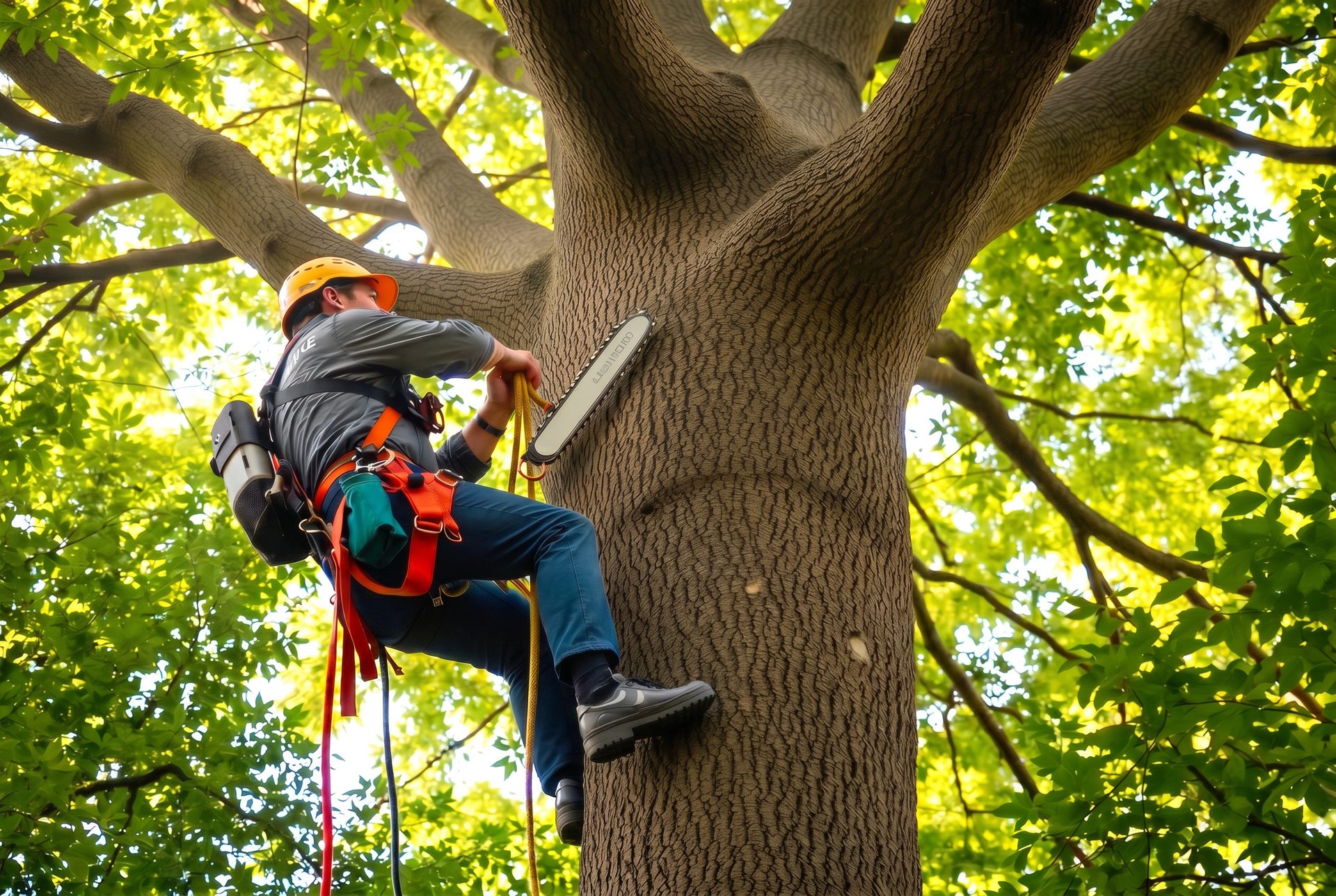 Élagueur professionnel dans un grand arbre